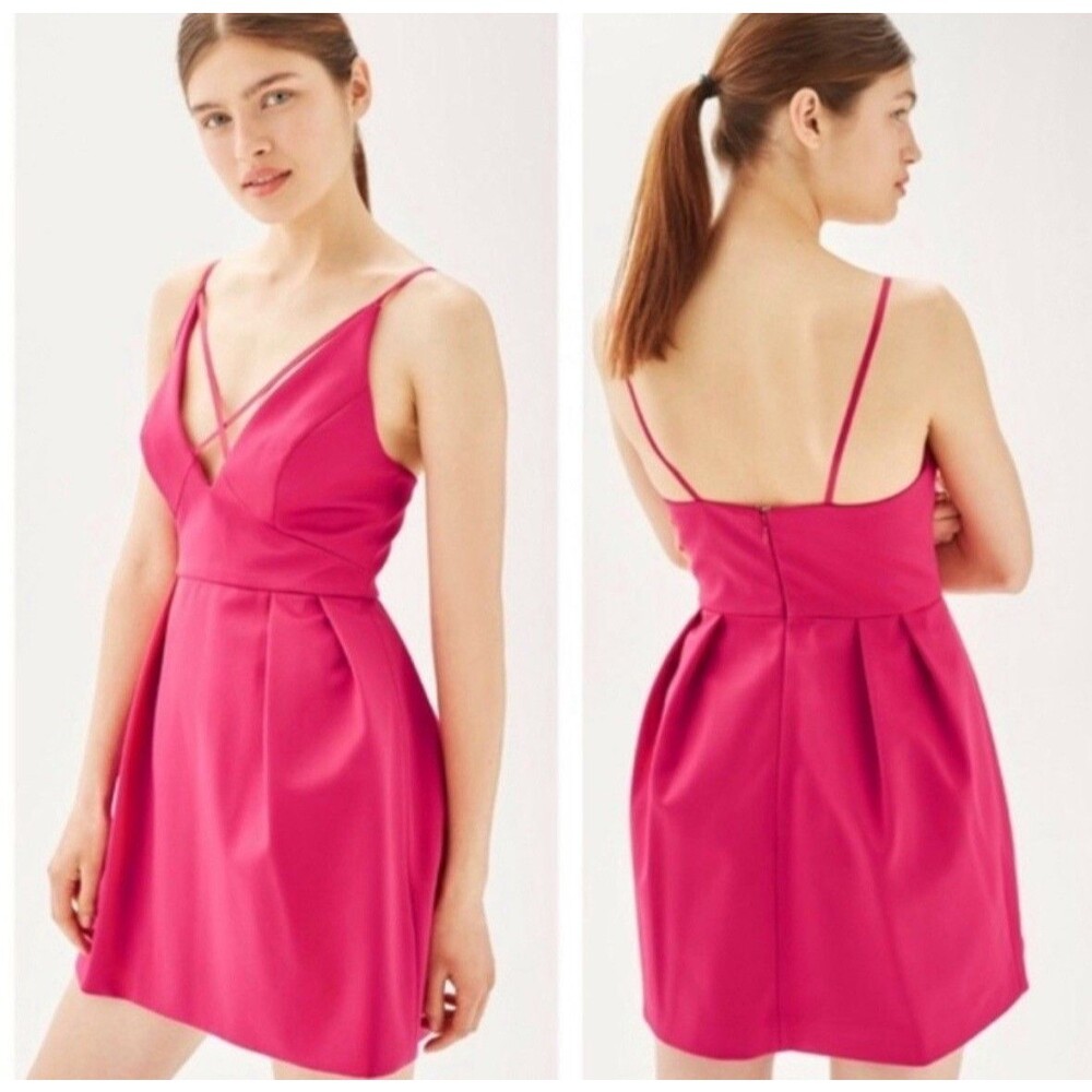 Mini Dress Pink Size 2 Cocktail Party Wedding Guest Pleated Zip Strappy Topshop